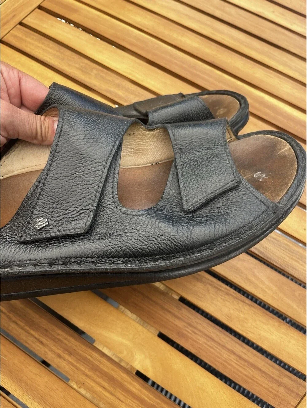 Finn Comfort Riad Men's Black Buggy Leather Slide Sandal Size EUR 47 / 12.5 US